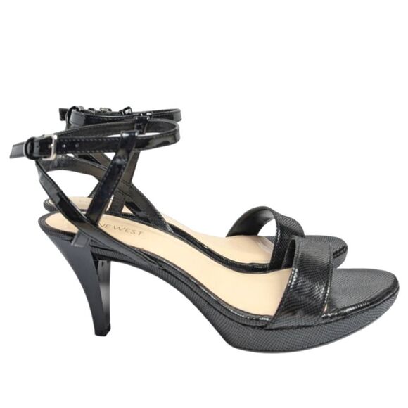 Nine West Jazz Girl Black Patent Strappy Snakeskin Print Platform Heels Womens 9 - Picture 1 of 7